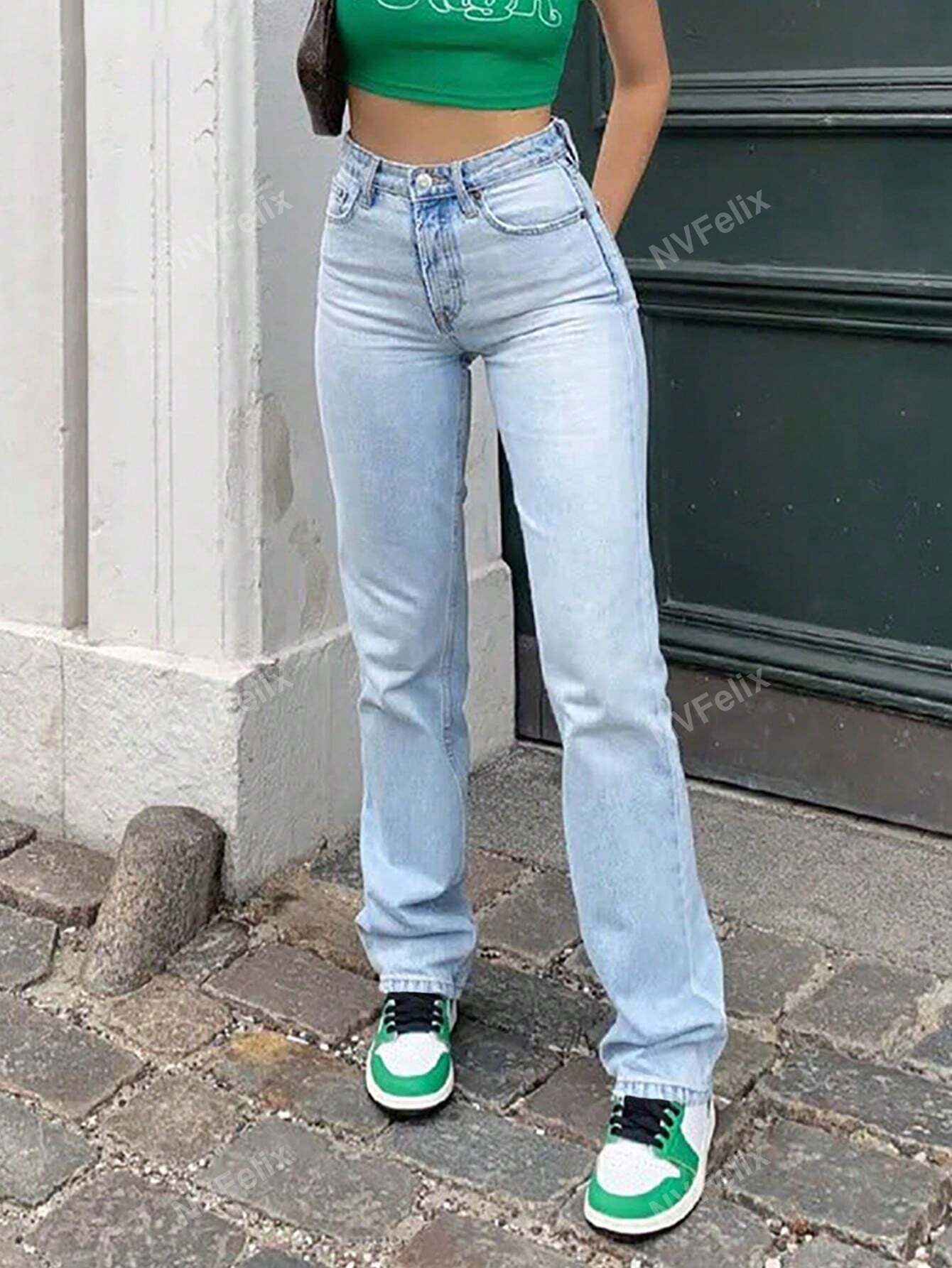 Hochgeschnittene Damen-Jeans Gerades Bein