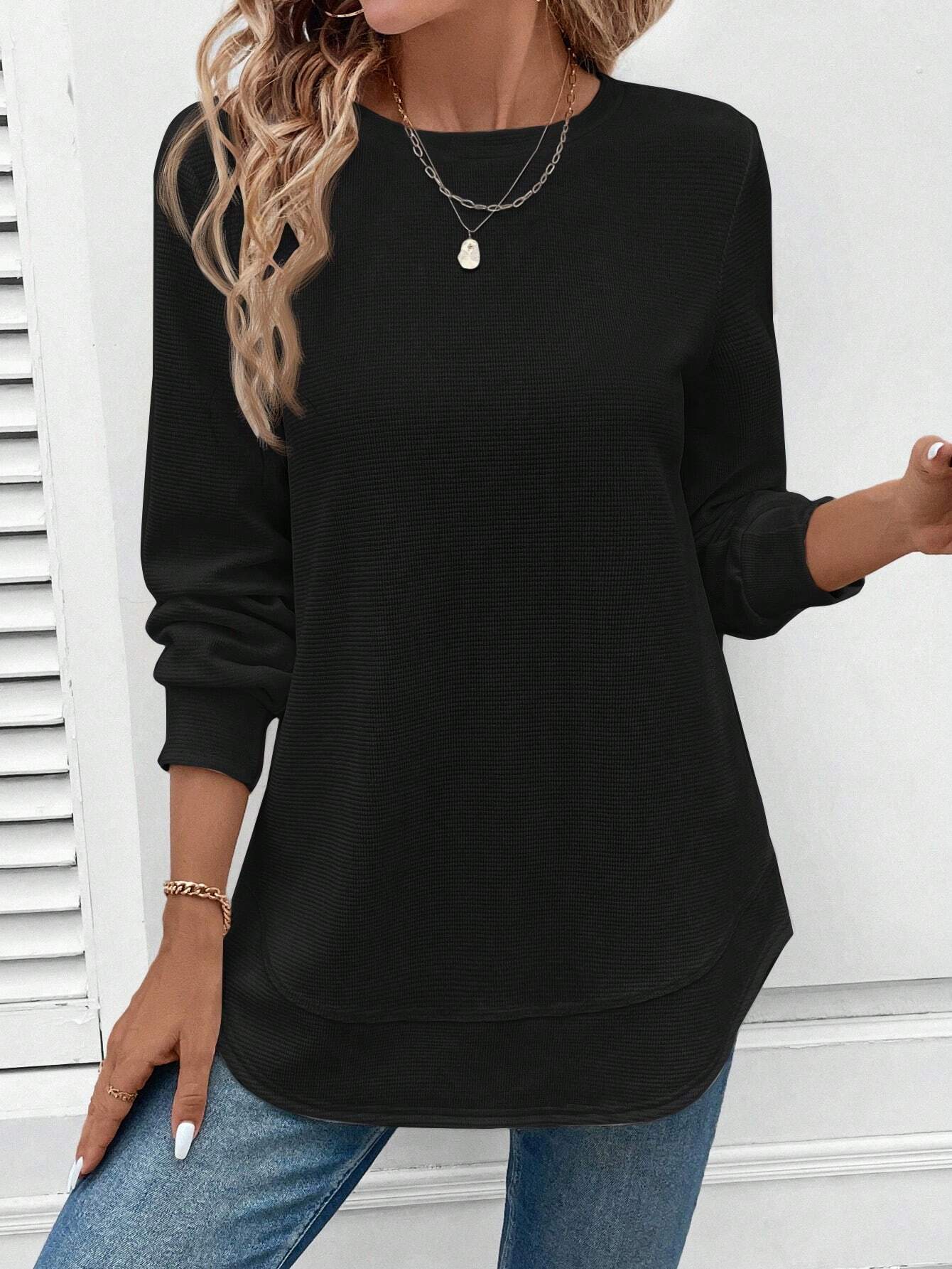 Elegante Damenbluse Rundhals Langarm Schwarz