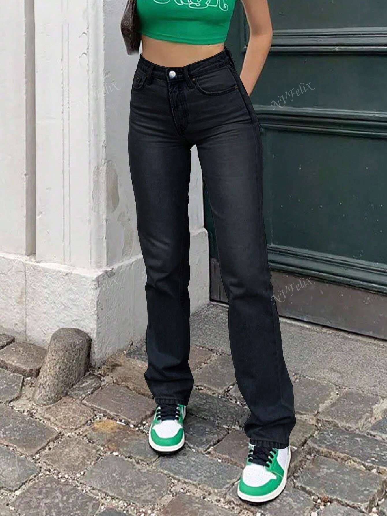 Hochgeschnittene Damen-Jeans Gerades Bein