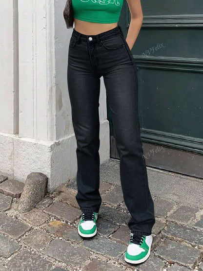 Hochgeschnittene Damen-Jeans Gerades Bein