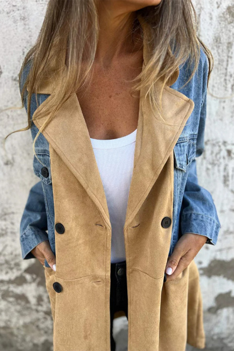 Modische Denimjacke Grau Blau Kontrast Kragen - IdealeKleiden