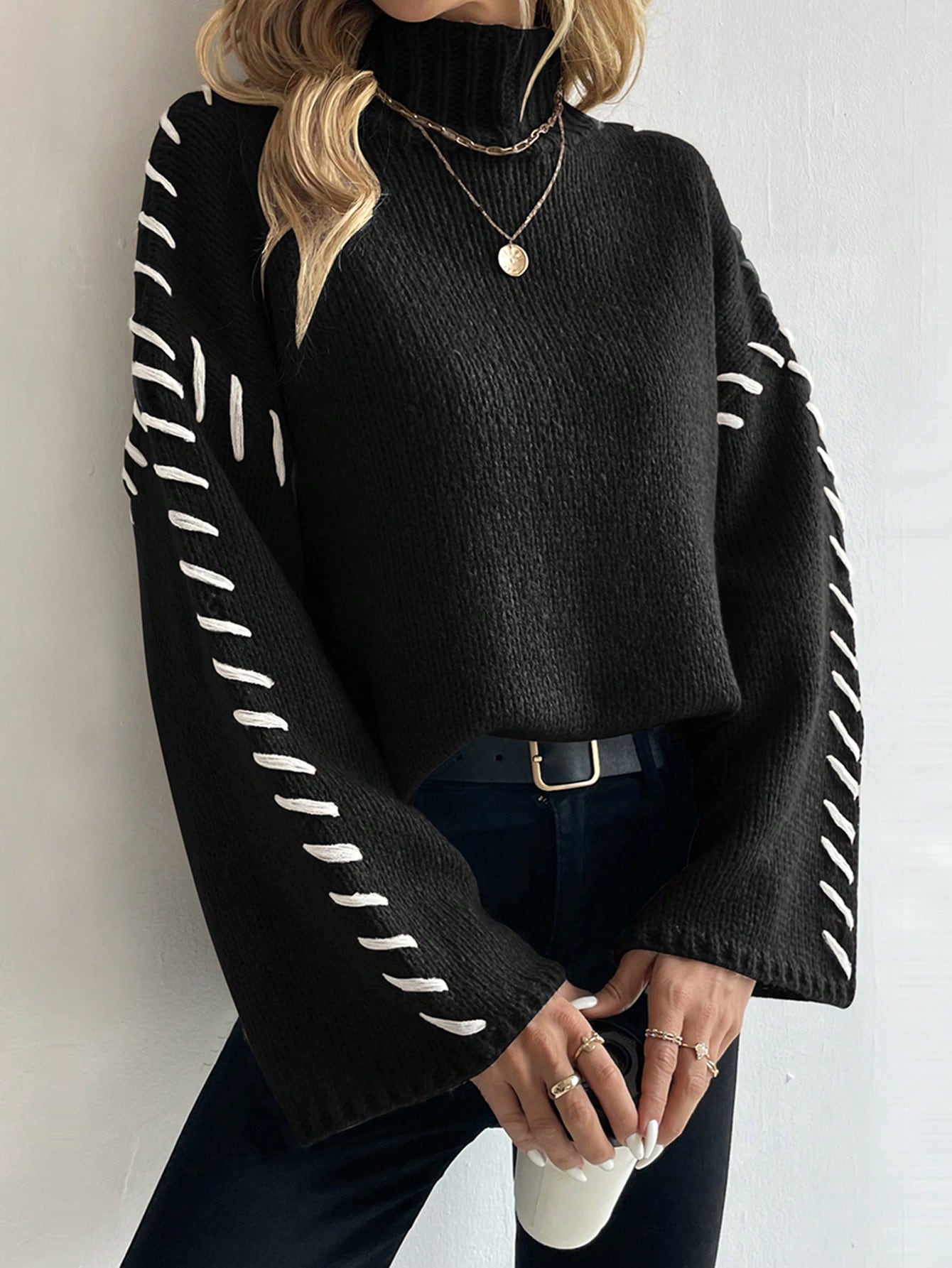 Damen Strickpullover Bunt Patchwork Rollkragen Modell