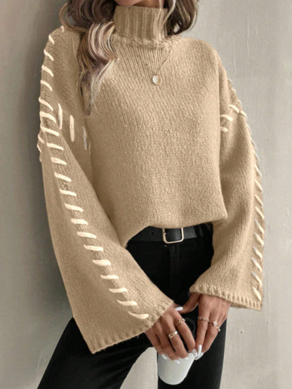 Damen Strickpullover Bunt Patchwork Rollkragen Modell
