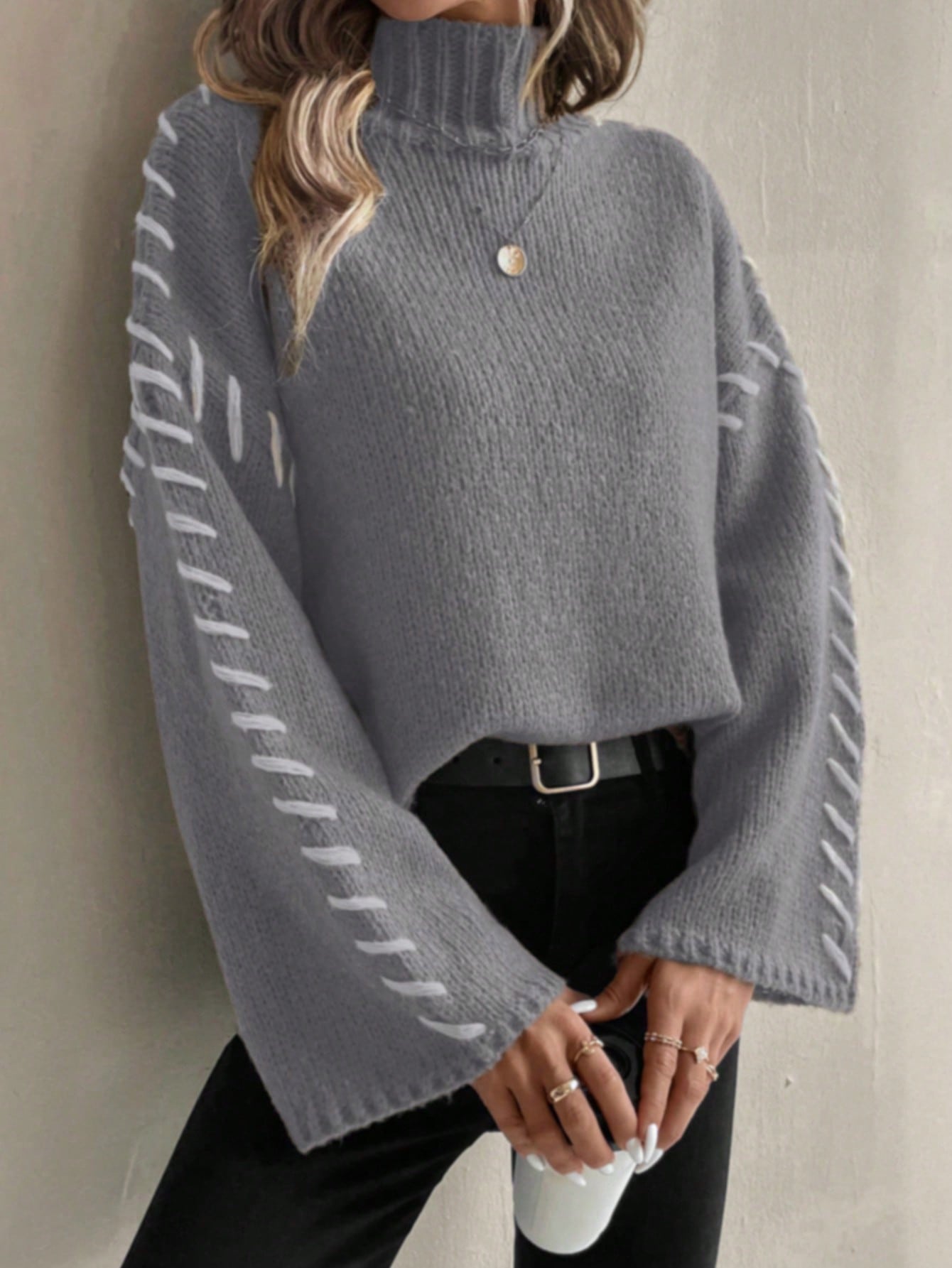 Damen Strickpullover Bunt Patchwork Rollkragen Modell
