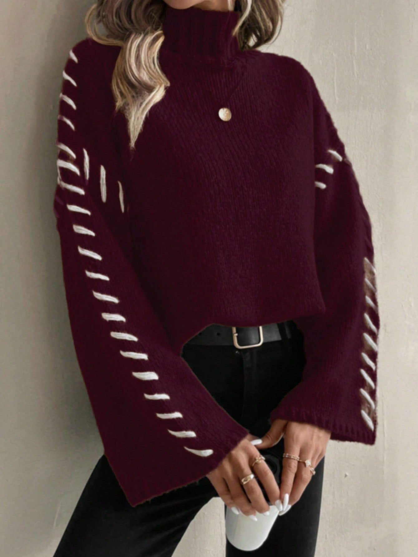 Damen Strickpullover Bunt Patchwork Rollkragen Modell