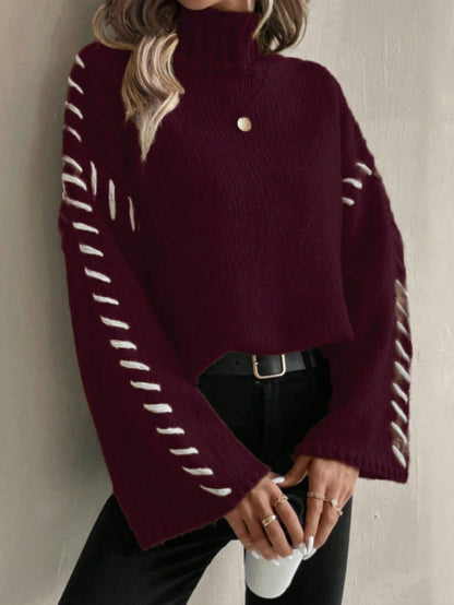 Damen Strickpullover Bunt Patchwork Rollkragen Modell