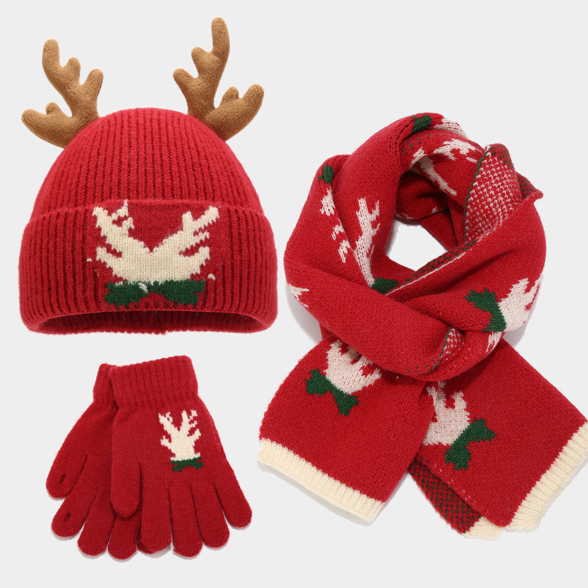 Weihnachtsschal Set Rentier Mütze Handschuhe 3-teilig