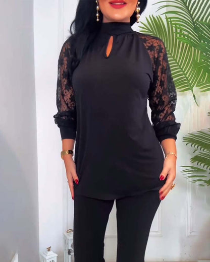 Elegante Kleidung | Frauenkleid Einfarbig Spitze Ärmel Patchwork