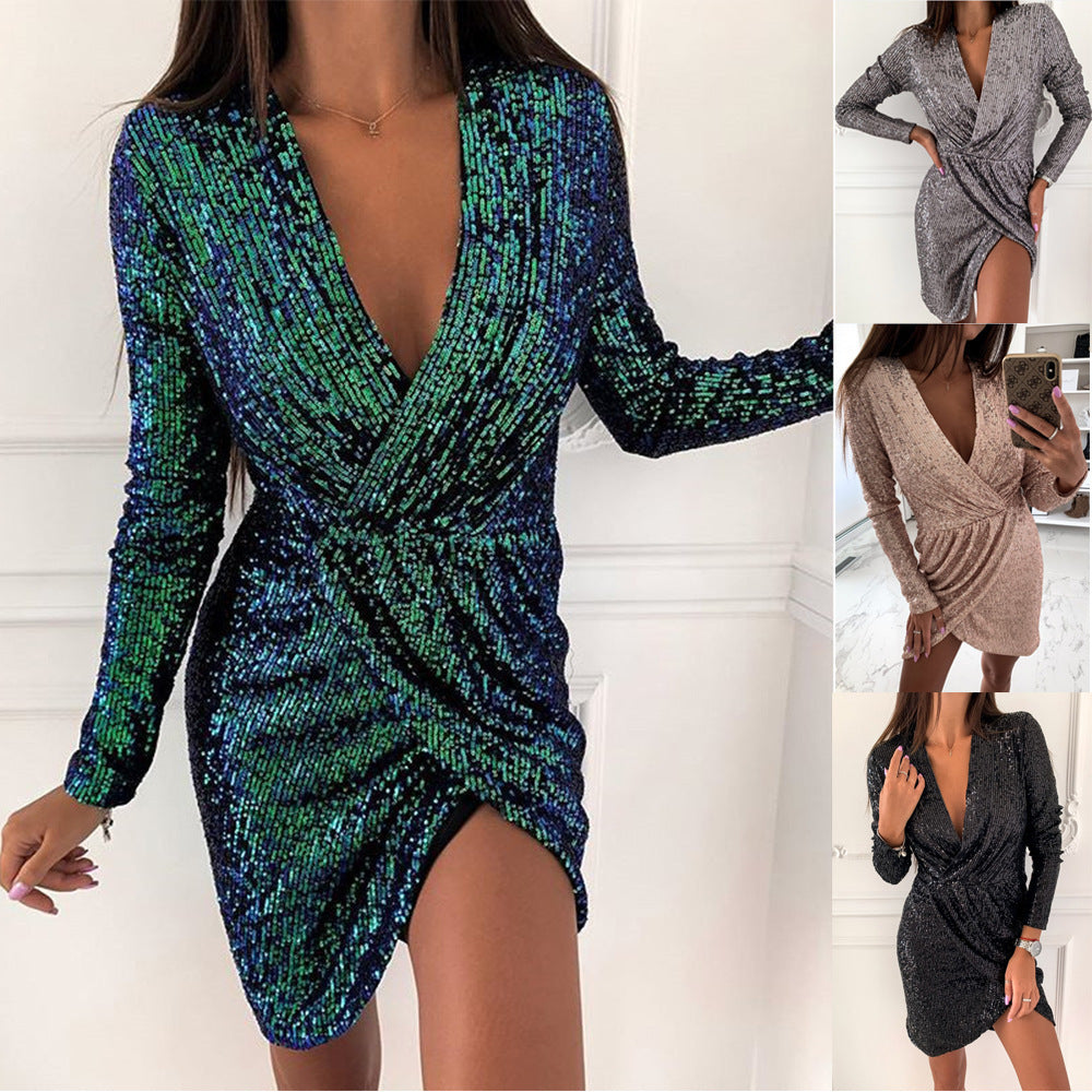 Damen Abendkleid Glitzer V-Ausschnitt Langärmlig - IdealeKleiden