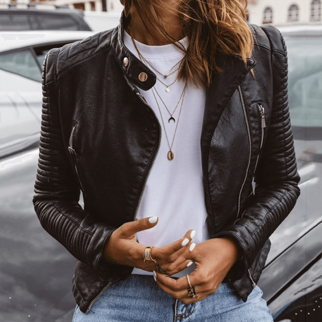 Damen Lederjacke Slim Fit Stehkragen Schwarz