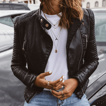 Damen Lederjacke Slim Fit Stehkragen Schwarz