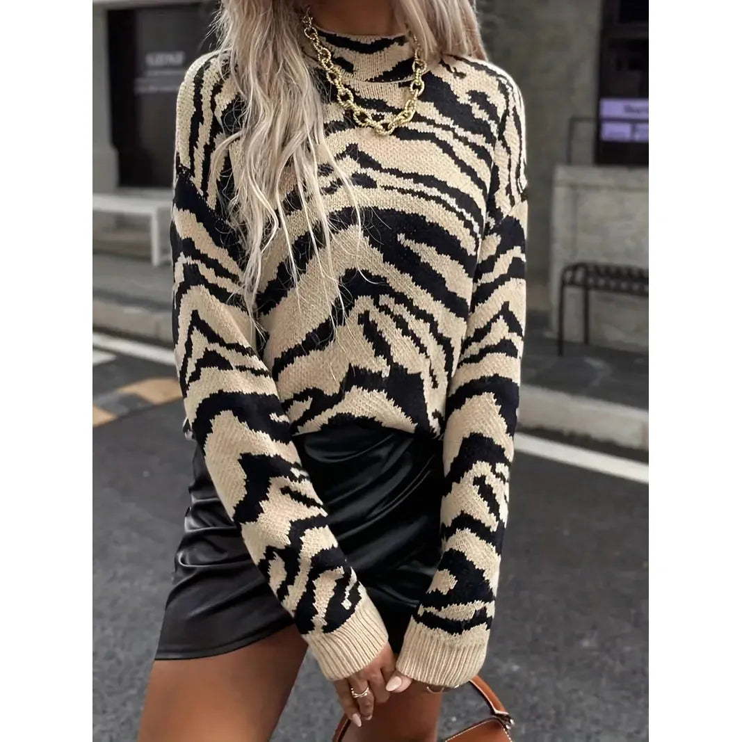 Stylische Damenkleidung | Zebra Jersey Pullover Damen Herbst Winter - IdealeKleiden