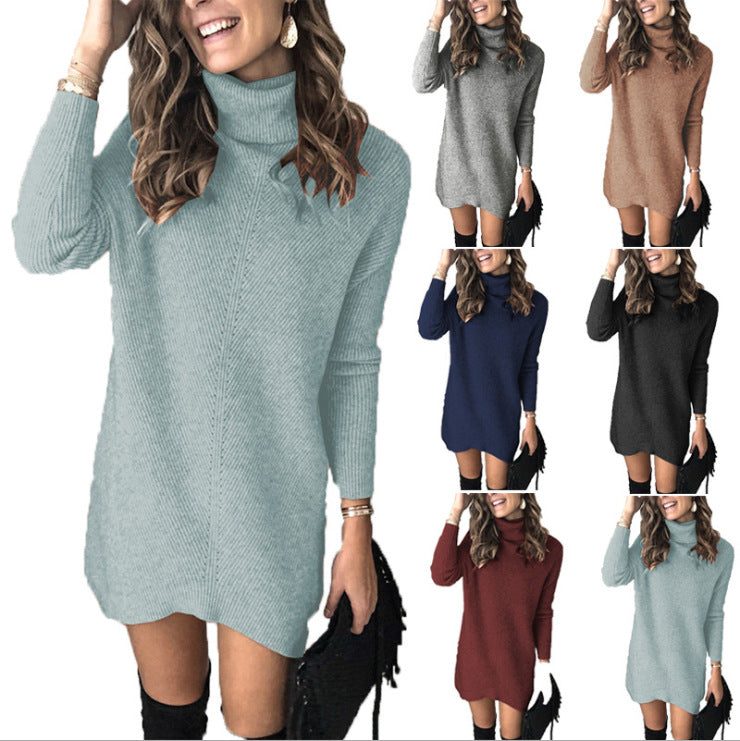 Damen Sweaterkleid Hochkragen Rippoptik Elegant - IdealeKleiden