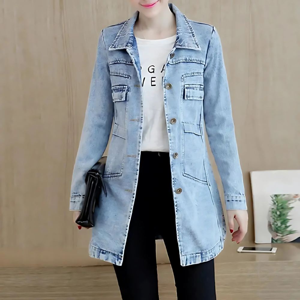 Lange Damenjeansjacke mit Stickerei