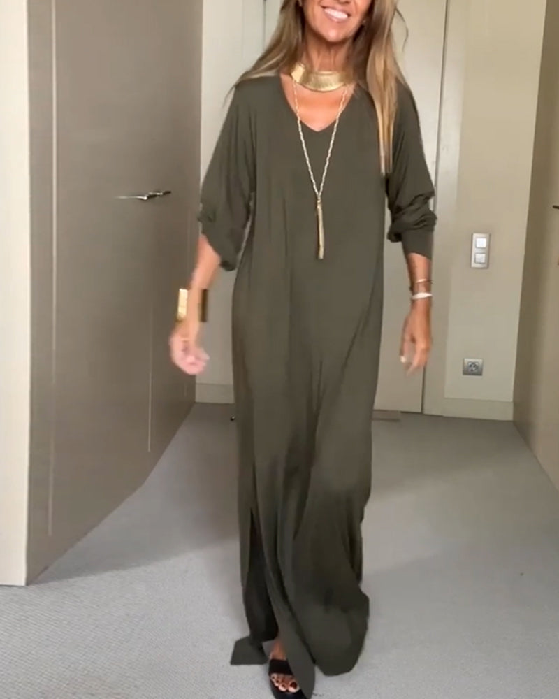 Einfaches V-Ausschnitt Kleid Damen