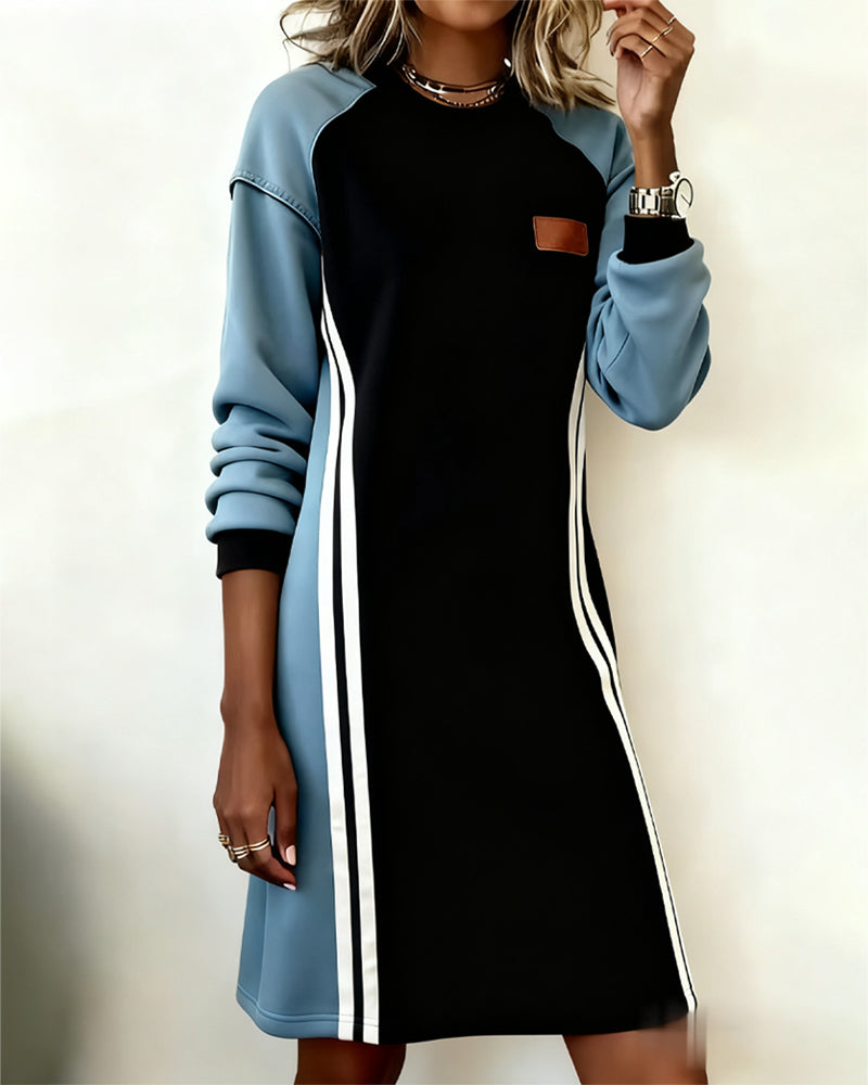 Modisches Langarm-Kleid Farbblock Rundhals