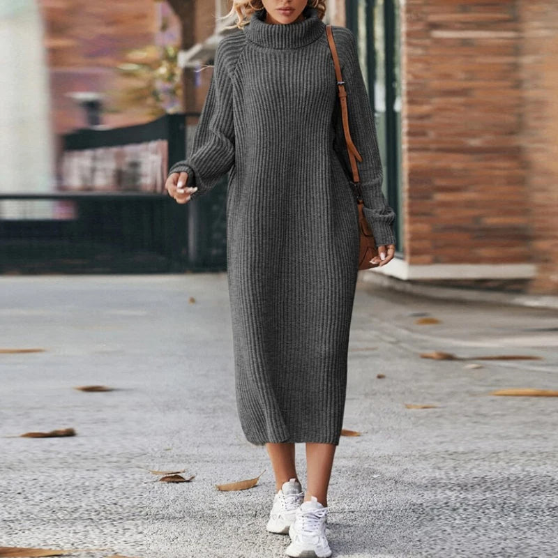 Damen Maxikleid Pullover Bequem Mit Kragen