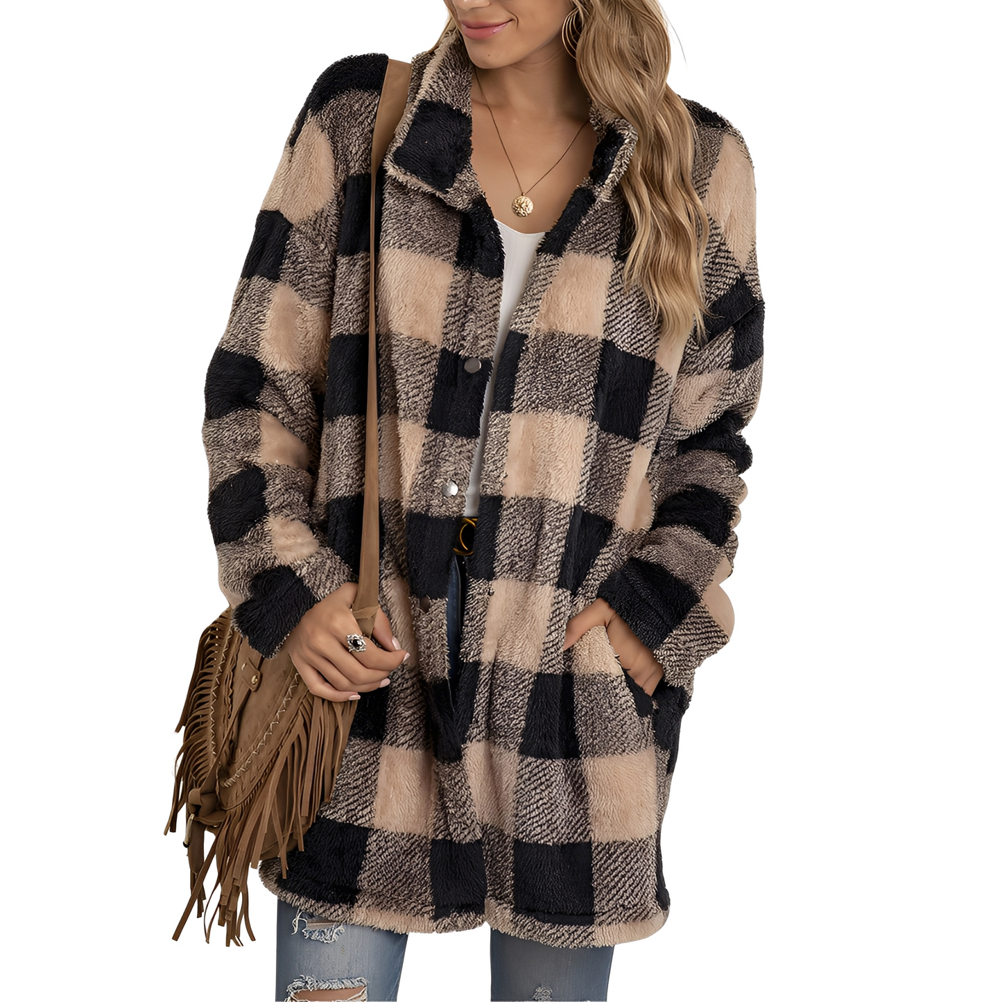 Elegante Damen Karo Jacke Lang