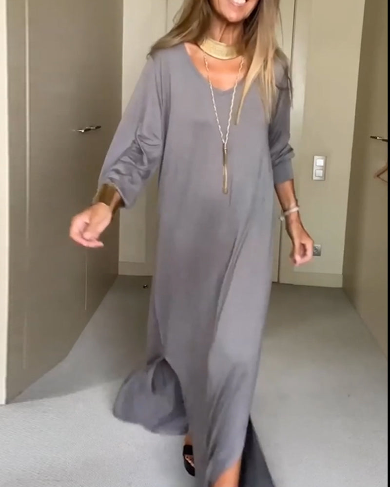 Einfaches V-Ausschnitt Kleid Damen