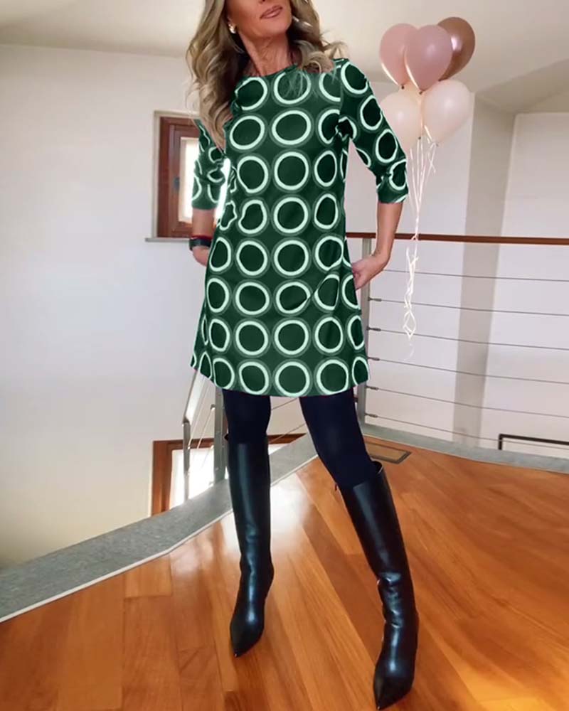 Kleid Rundhals Kreis Muster Damenkleid