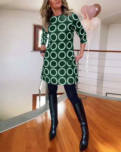 Kleid Rundhals Kreis Muster Damenkleid