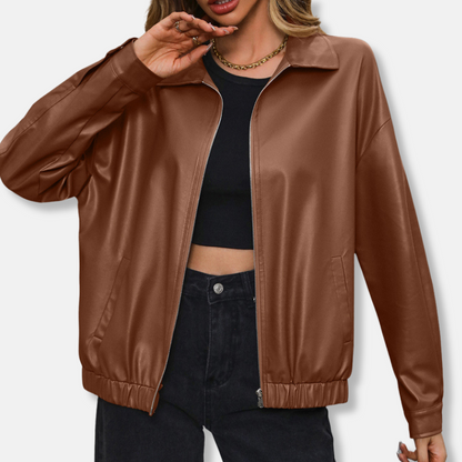 Lederjacke Bikerstil Kurz Reißverschluss