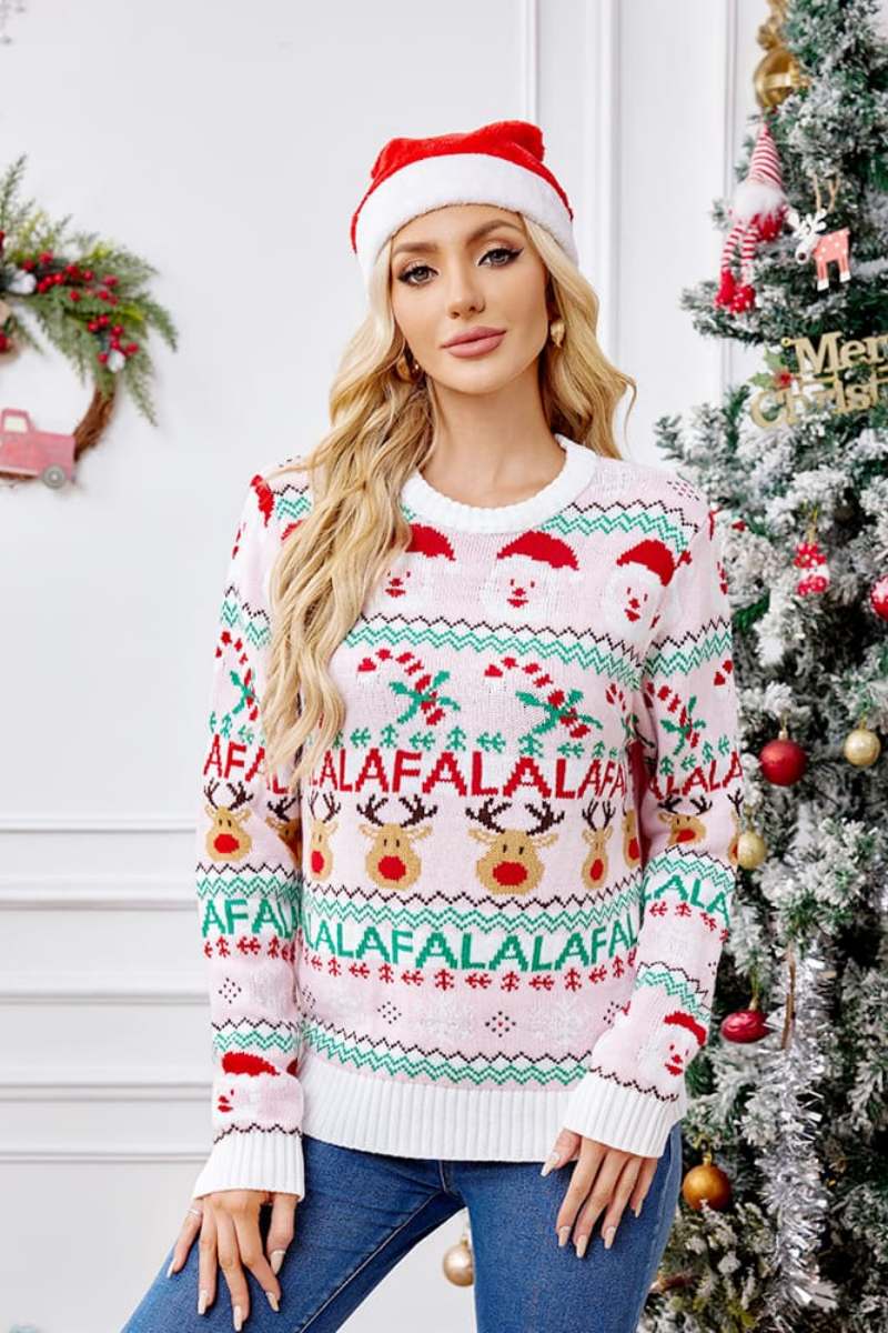 Weihnachts Strickpullover Damen Lockere Passform Rundhals Pink - IdealeKleiden