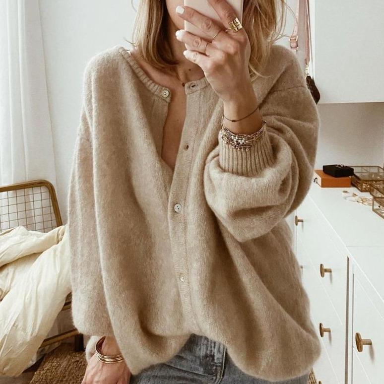 Übergröße Strickjacke Wollmix Großzügig Geschnürt - IdealeKleiden