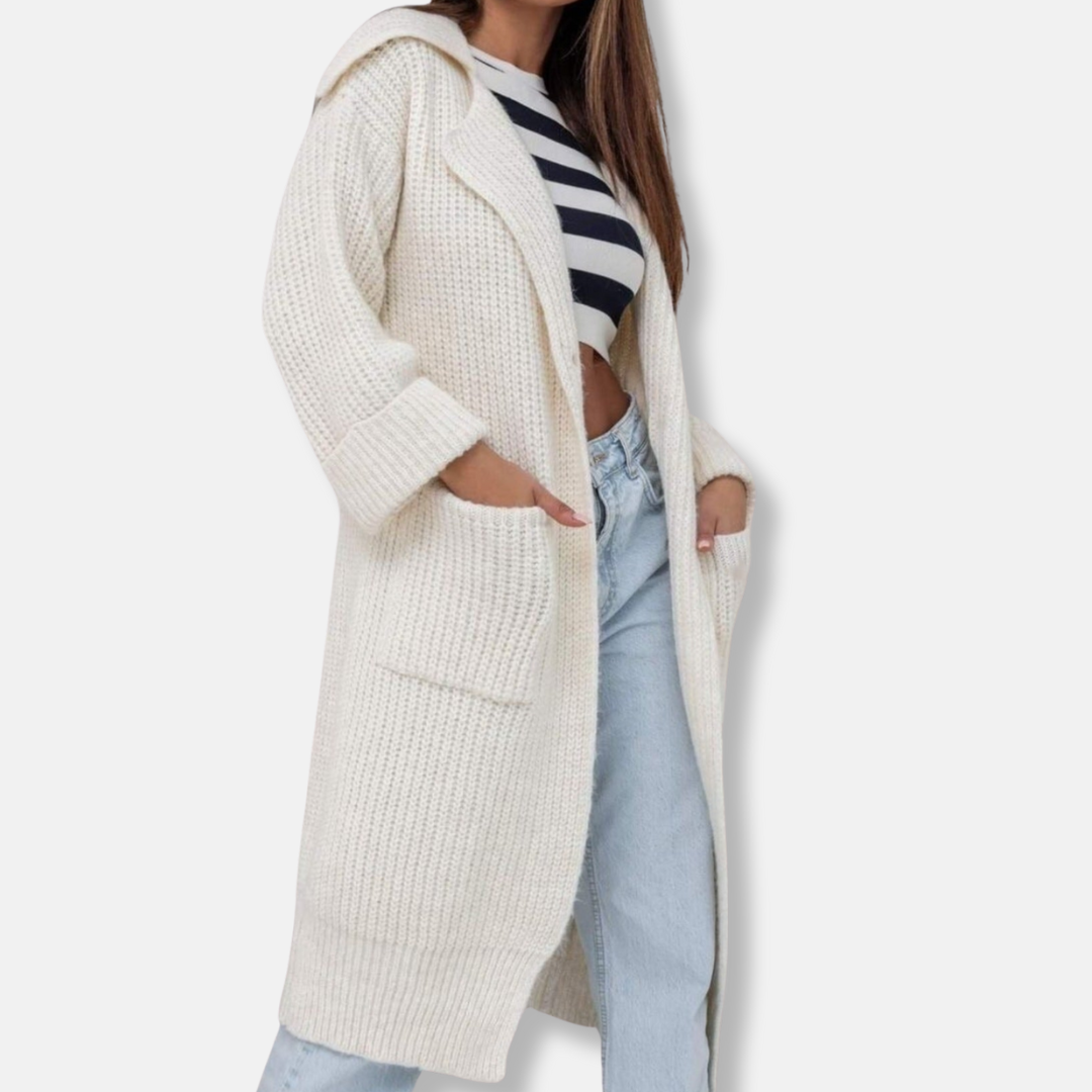 Lange Übergröße Strickjacke Wollmischung Kapuze