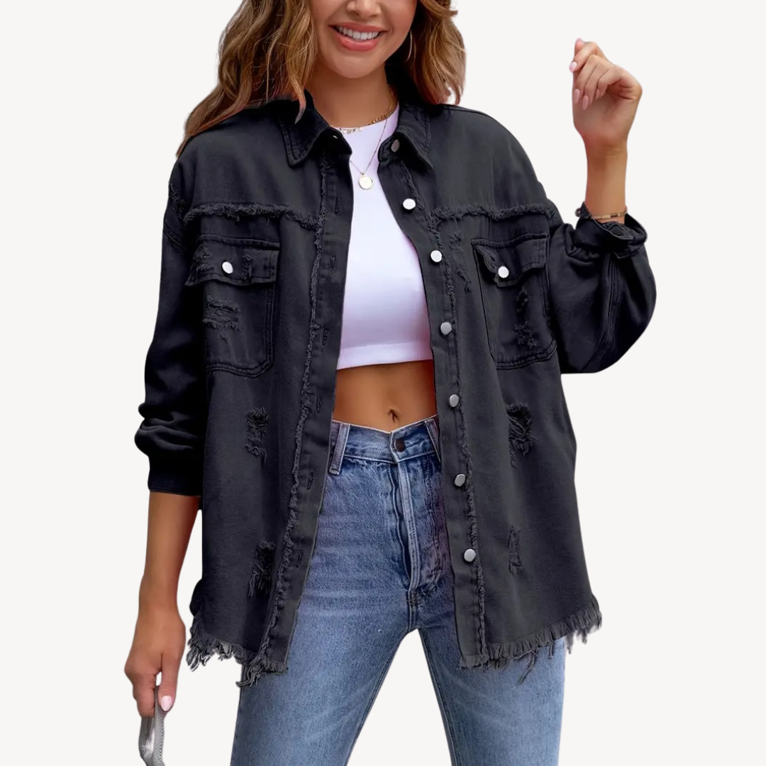 Trendige Denimjacke Schwarz Ripped Style