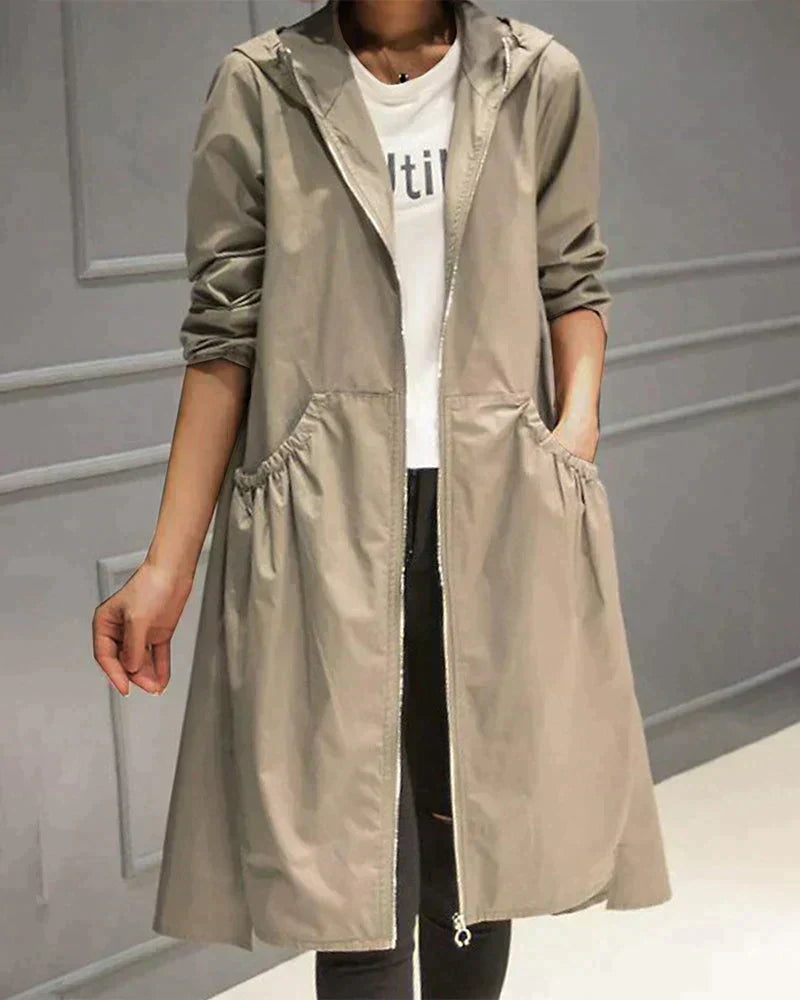 Lange Damen-Kapuzenjacke mit Reißverschluss & Vordertaschen - IdealeKleiden