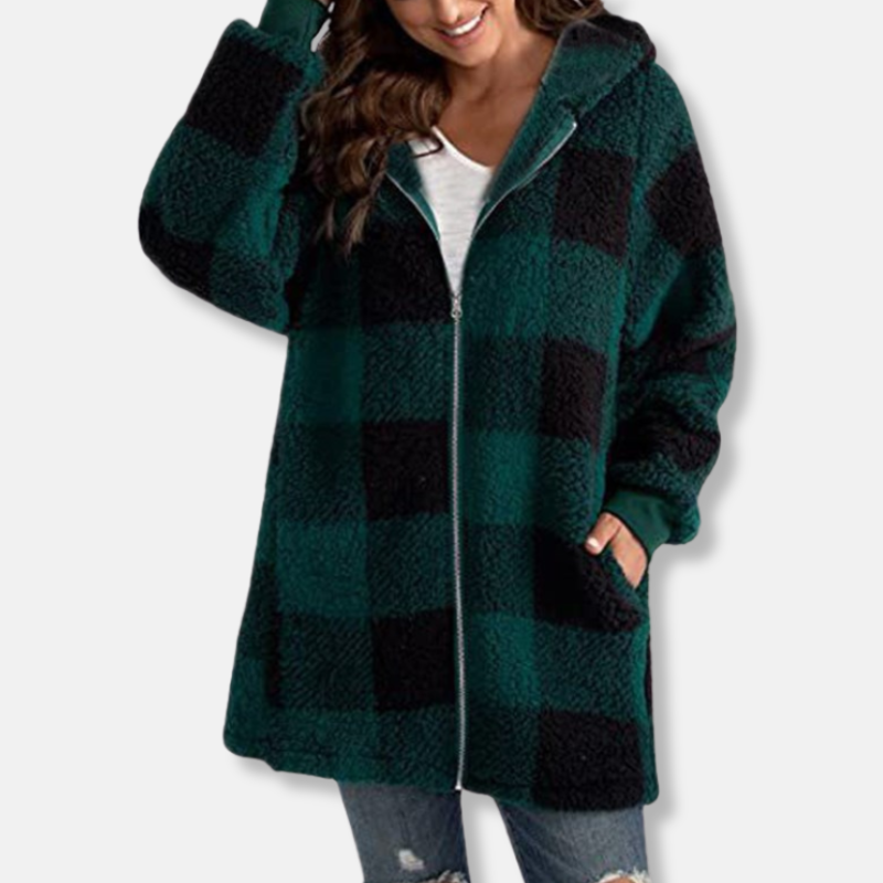 Kapuzenpullover Oversized Karomuster Weiches Material Voller Reißverschluss - IdealeKleiden