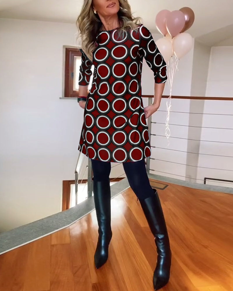 Kleid Rundhals Kreis Muster Damenkleid