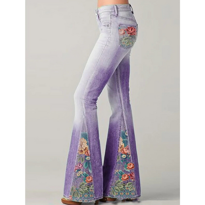 Damen-Jeans Blumenstickerei Weite Beinpartie