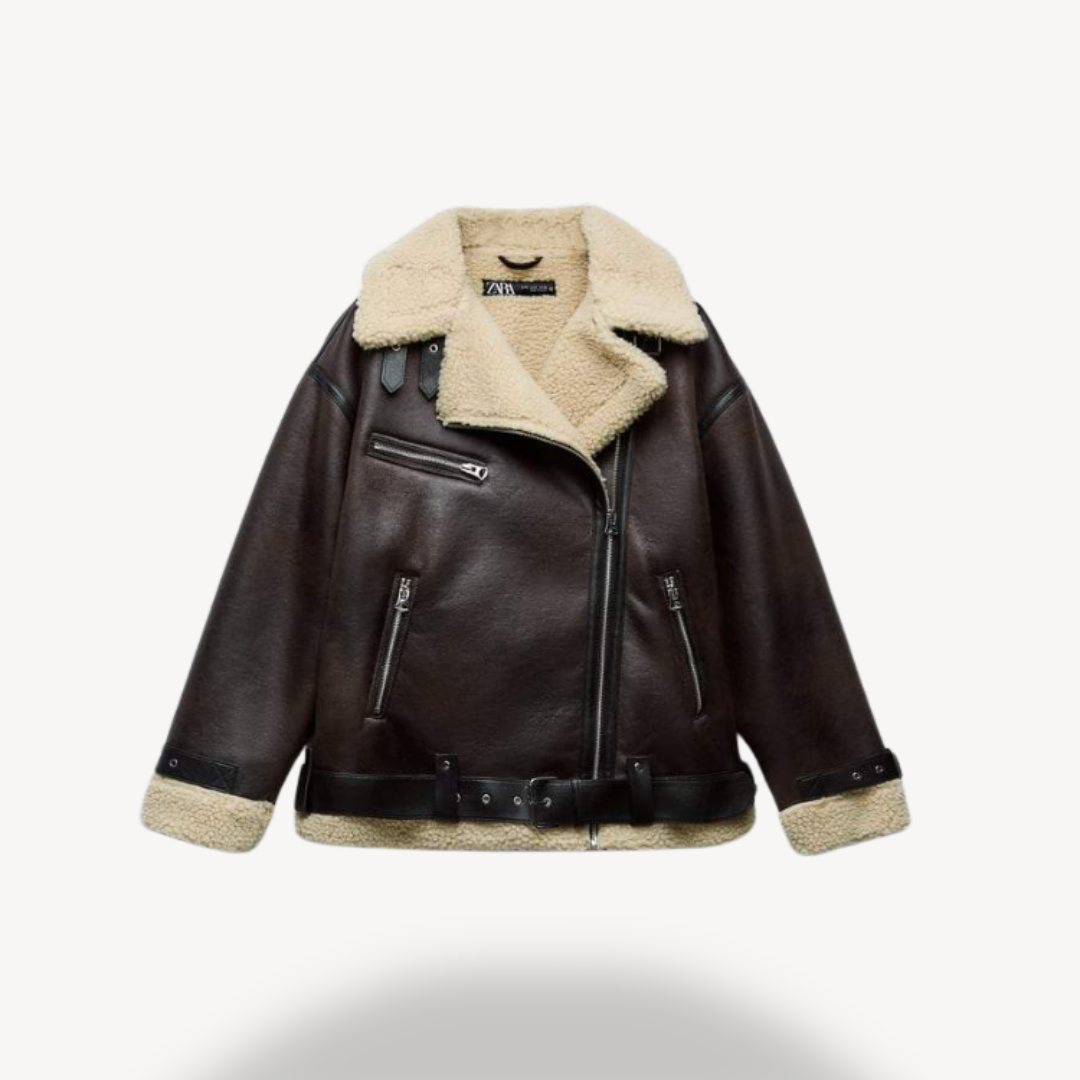 Damen Pilotenjacke Braun Faux Shearling Soft