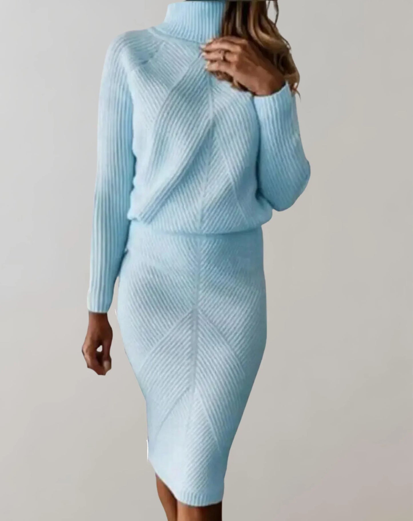 Schicke Zweiteiler Damen Slim Fit Rollkragen Pullover und Midi Rock