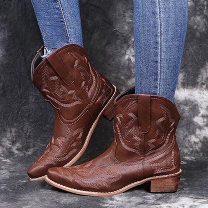Westernstiefel Damen Bestickt Leder Spitz Knöchelhoehe Blockabsatz - IdealeKleiden
