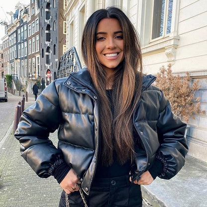 Leder Pufferjacke Damen Winter Warm - IdealeKleiden
