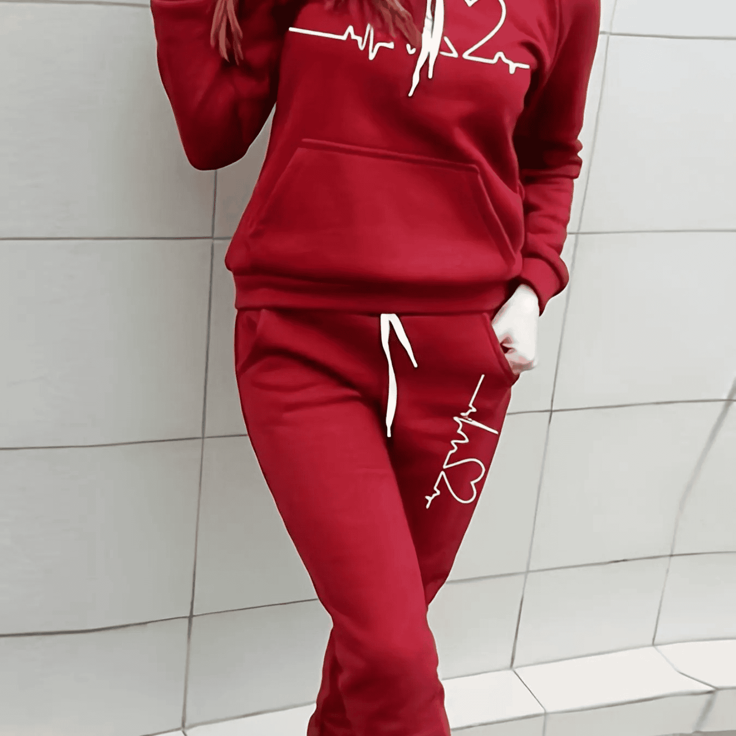 Damen Winter Set Herz Motiv Hoodie Jogginghose - IdealeKleiden