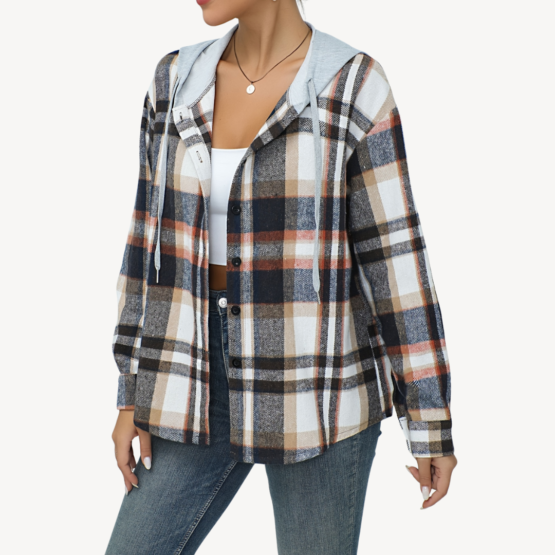 Damen Karo Blazer mit Kapuze und Knöpfen