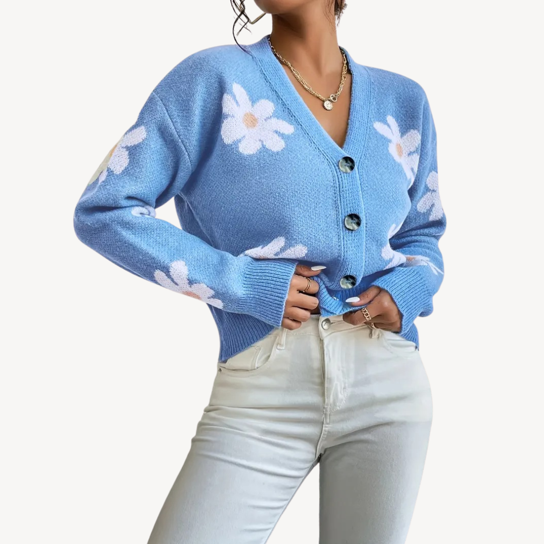 Frauen Cardigan Blumenmuster Buttons Vorderseite