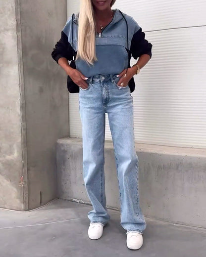 Kapuzenpullover Denim Style Reißverschluss Trend