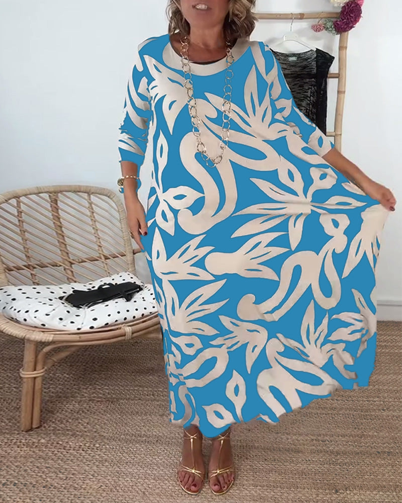 Damenkleid Rundhals Langärmlig mit farbigem Druck