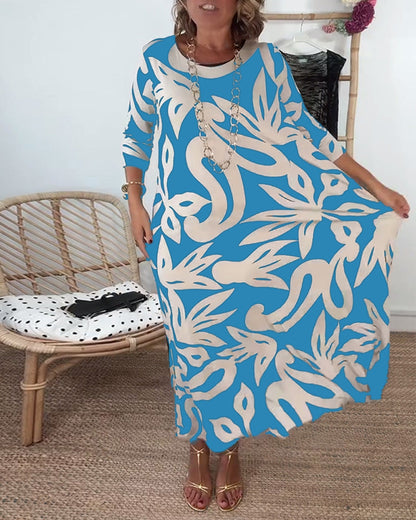 Damenkleid Rundhals Langärmlig mit farbigem Druck