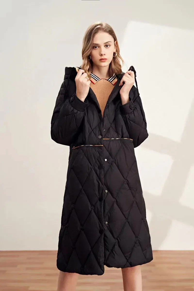 Eleganter Damenmantel Diamant Muster Lang Kapuze