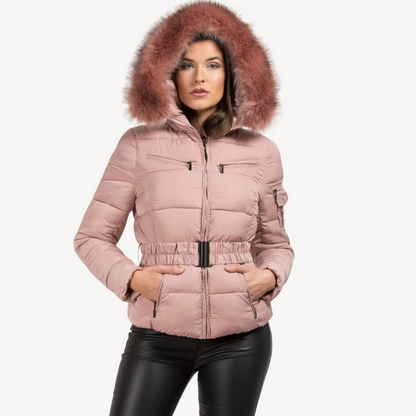 Warmes Winterkleid | Damen Puffermantel mit Kunstfellkapuze