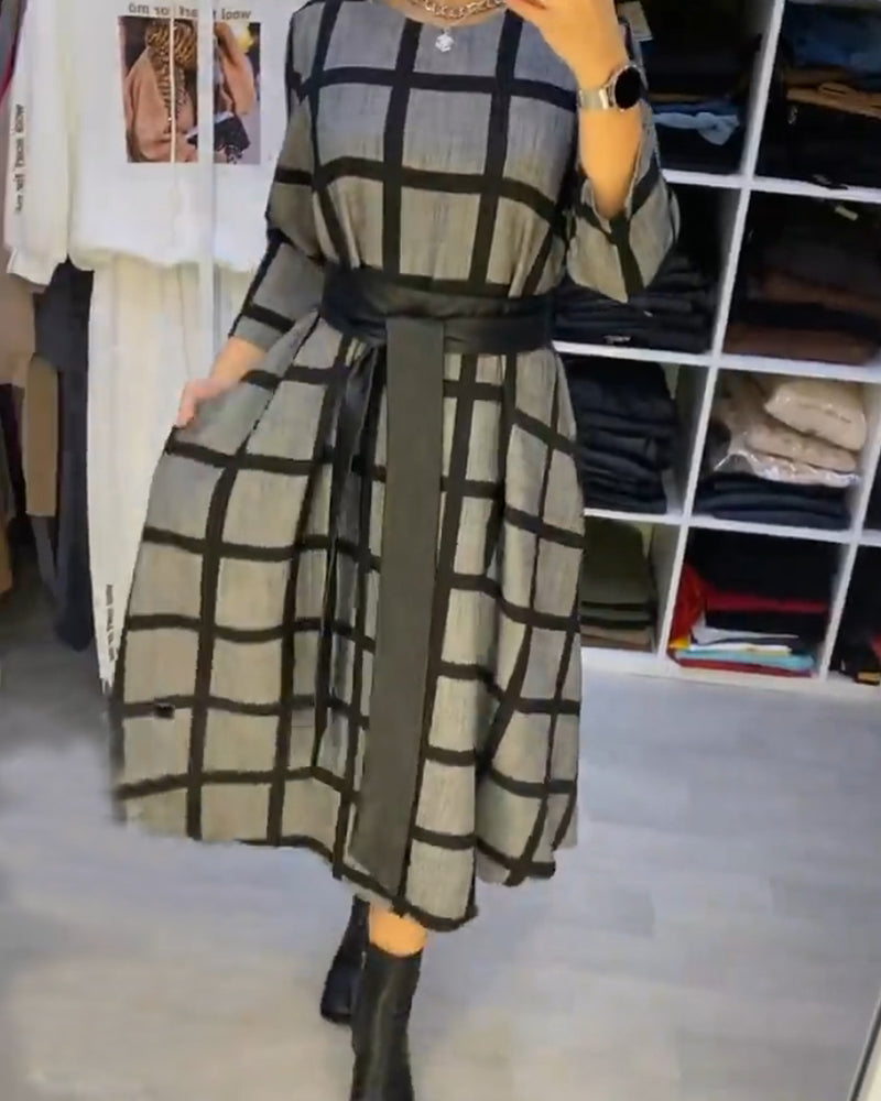 Elegantes Karo-Kleid Rundhals Damen