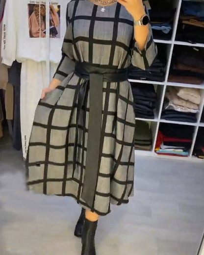 Elegantes Karo-Kleid Rundhals Damen