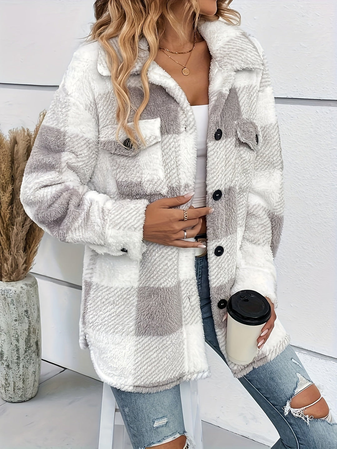 Frauen Fleecejacke Karomuster Warm &amp; Bequem