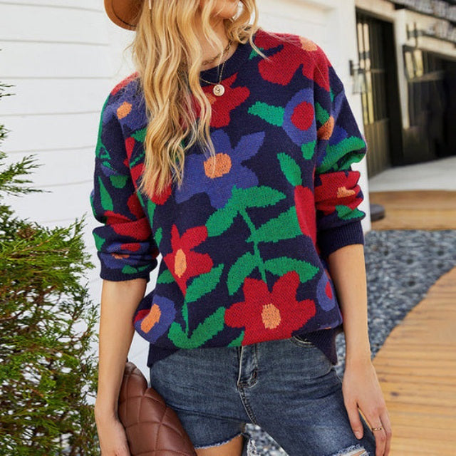 Blumenmuster Strickpullover Damen - IdealeKleiden